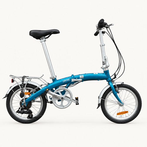 Drais F16 folding bicycle in turquoise blue, side view showing 16-inch wheels, six-speed gears, mudguards and rear rack.