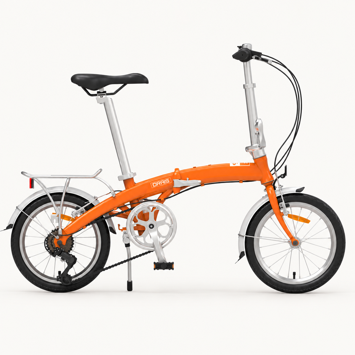 Drais F16 folding bicycle in orange, side view showing 16-inch wheels, six-speed gears, mudguards and rear rack.