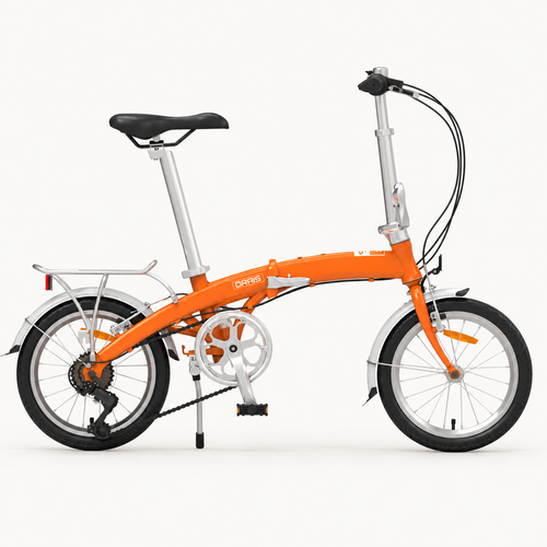 Drais F16 folding bicycle in orange, side view showing 16-inch wheels, six-speed gears, mudguards and rear rack.