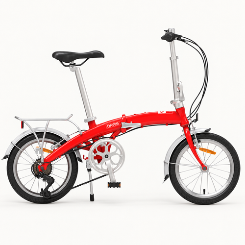 Drais F16 folding bicycle in red, side view showing 16-inch wheels, six-speed gears, mudguards and rear rack.